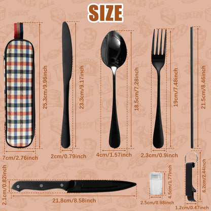 Kit de Talheres de Viagem 10 Peças com Bolsa de Armazenamento Talheres de Viagem de Aço Inoxidável Kit de Utensílios Portátil para Acampamento Kit de Talheres de Viagem