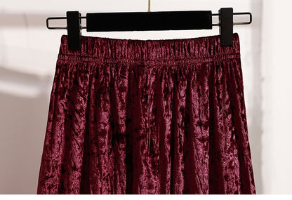 Autumn Winter Girls New A-line Velvet Skirt 2025 Plus Size Gold Velvet Half Pleated Skirt Solid Versatile High Waist Mid Skirt