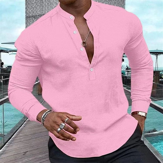 Fashion Men's Long Sleeve Solid Color Half Cardigan Henley Collar Shirt Pink Long Sleeve Hawaiian Vacation Shirt Summer Casual