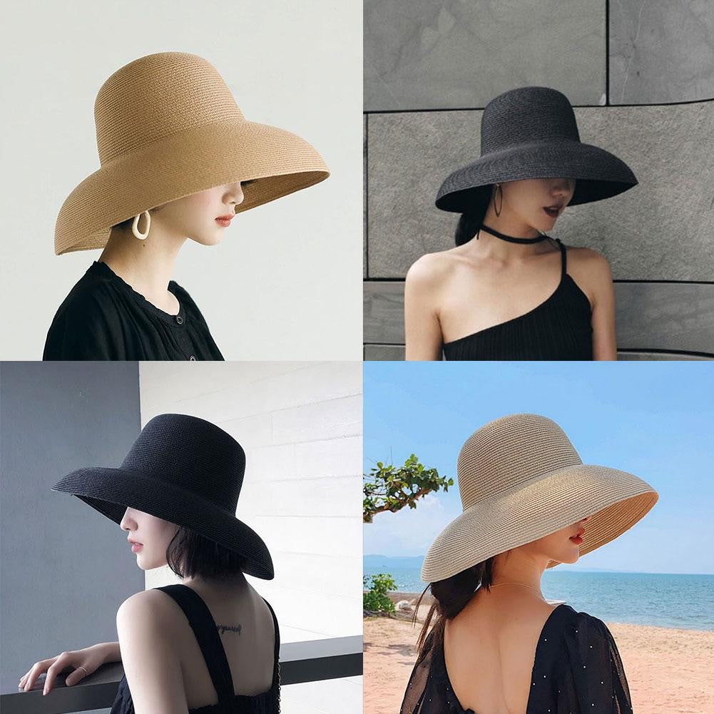 Women Panama Straw Hat Summer Sun Hats Solid Plain Elegant Wide Brim Hat Sunscreen Hepburn Style Beach Hat For Outdoor