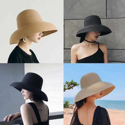 Women Panama Straw Hat Summer Sun Hats Solid Plain Elegant Wide Brim Hat Sunscreen Hepburn Style Beach Hat For Outdoor