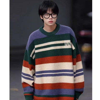 Simple Versatile Trendy Men's Crew Neck Sweater Contrasting Stripes Casual Loose Neutral Style Pullover
