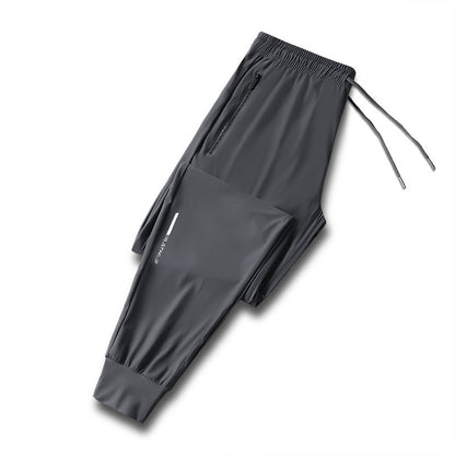 Calça jogging masculina com cordão na cintura, fresca, de secagem rápida e respirável, calça esportiva da moda de alta elasticidade, adequada para fitness