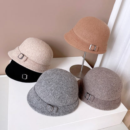 Chapéu de Lã Japonês Feminino Outono Inverno Quente de Tricô Fivela de Diamante Fita Chapéu de Pescador Chapéu de Bacia Pequena Frente e Verso