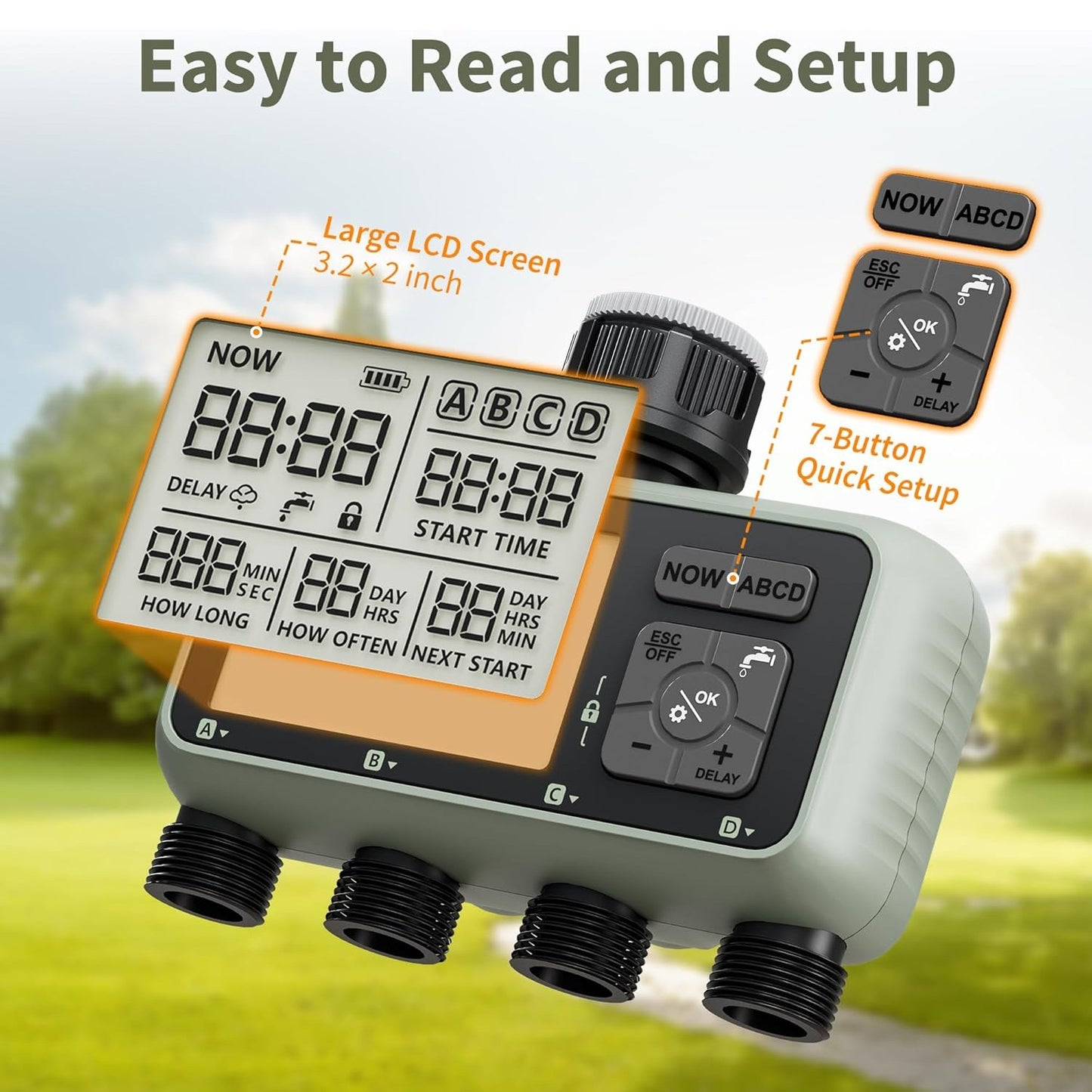 Diivoo Water Timer 4 Zone Garden Programmable Automatic Irrigation Timer with Rain Delay Manual/Auto Mode Watering for Lawn Yard