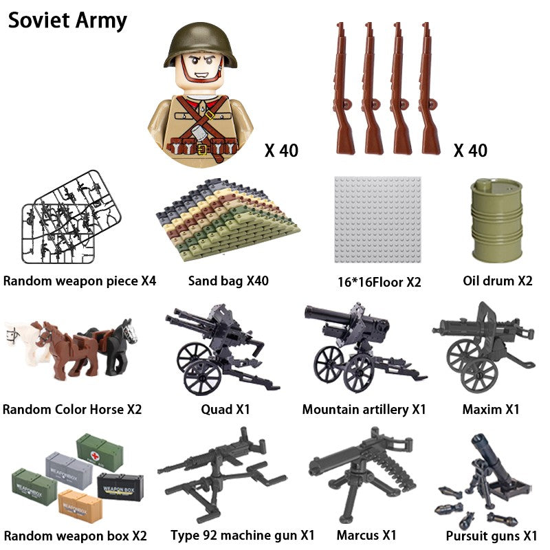 Brinquedos de blocos de montar para crianças: Modelos de Mini Armas de Exército Nacional de Guerra de Soldados de Infantaria da Segunda Guerra Mundial
