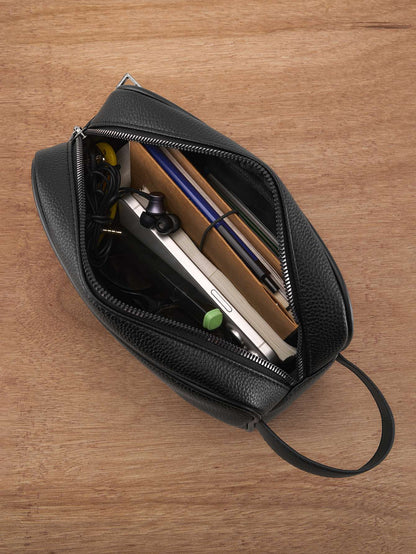 ??Men's Textured PU Leather Organizer Bag - Dual Zipper Hand Carry w/ Detachable Strap, Fits Phone & Essentials