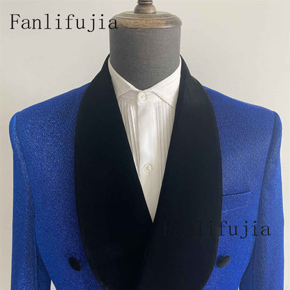 Fanlifujia Luxury Red Glitter Suits Men Groom Wedding Tuxedo Double Breasted Blazer Formal Evening Party Prom Dress 2 Pieces Set