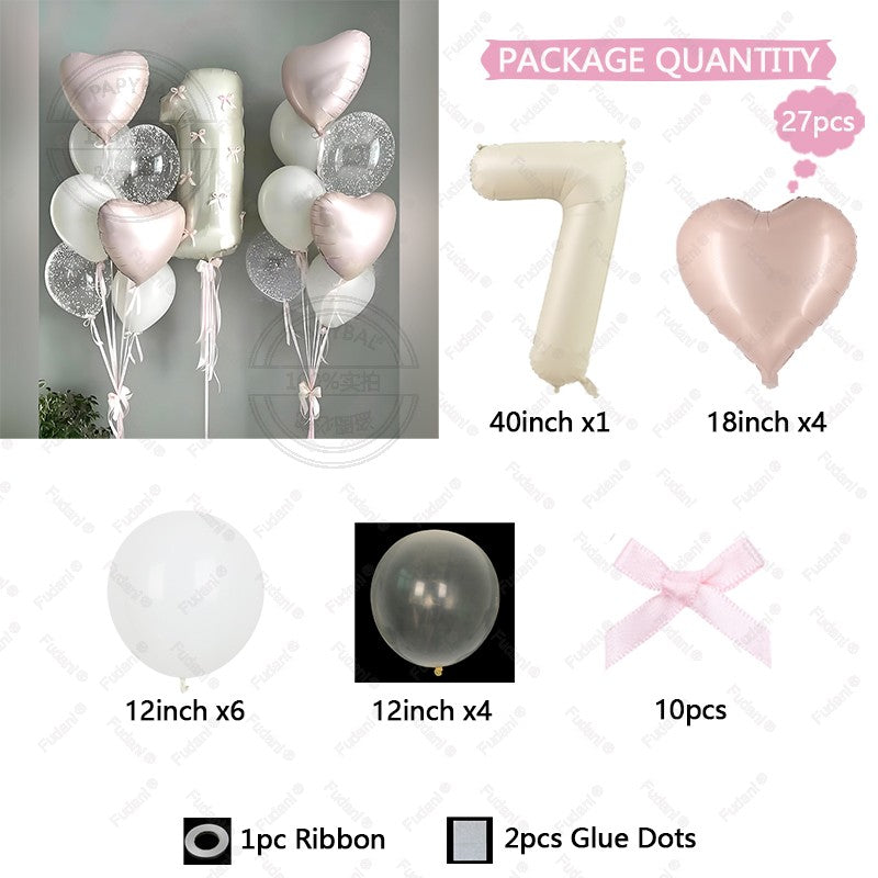 32inch Pink Bows Number Balloons Cream White Beige Number Foil Balloons Pink Bows For Birthday Coquette Themed Party Decor