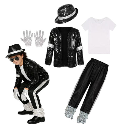 Kids Michael Jackson Costume Boys Superstar Singer Outfit Halloween Carnival Stage Performance Dance Cosplay Party Costume