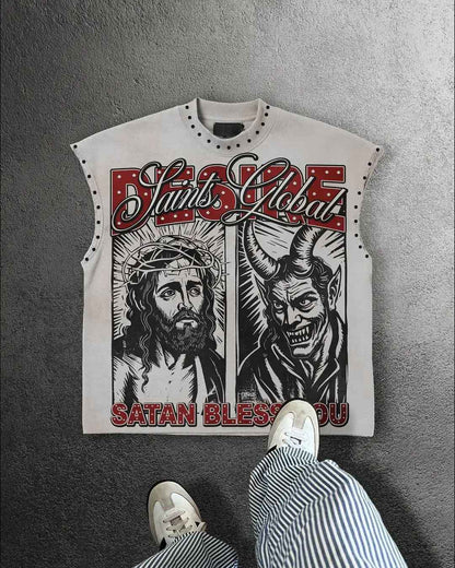 Streetwear Y2K Fashion Fashion Retro Sleeveless Oversized T Shirt Gothic Classic Top Hip Hop Print Extra Large Round Neck Vest