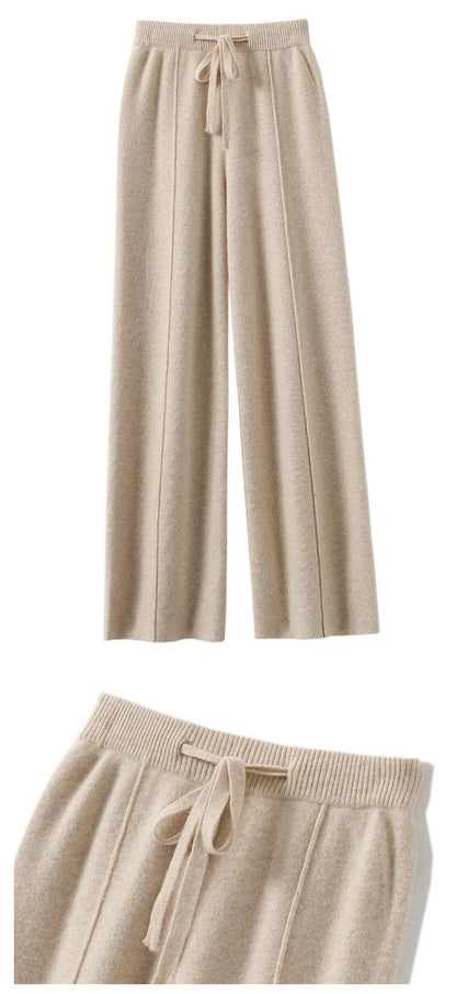 Women's High Waist Knit Wide Leg Pants Thermal Fleece Lined Drawstring Trousers in Earth Tones, Fall Winter Comfort Lounge Wear?
