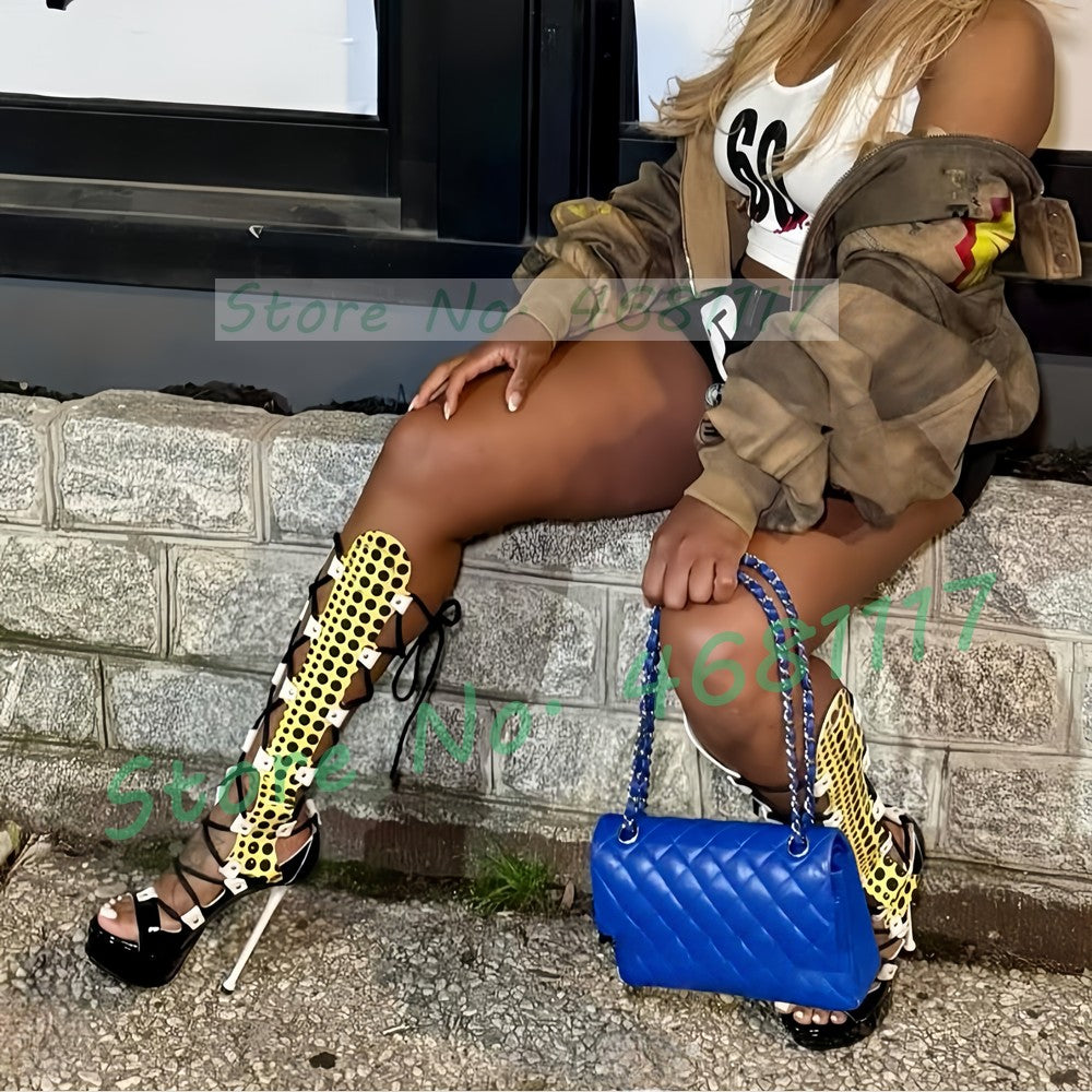 Strappy Polka Dot Platform Sandal Boots Women Sexy Party Cross Tied Mixed Colors Shoes Open Toe Women Summer Knee High Sandals