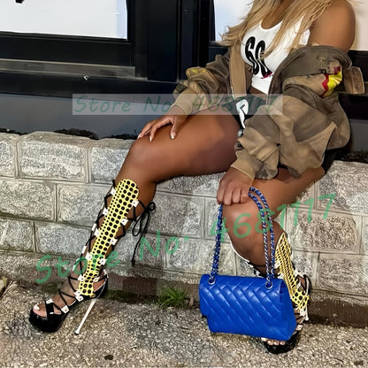 Strappy Polka Dot Platform Sandal Boots Women Sexy Party Cross Tied Mixed Colors Shoes Open Toe Women Summer Knee High Sandals