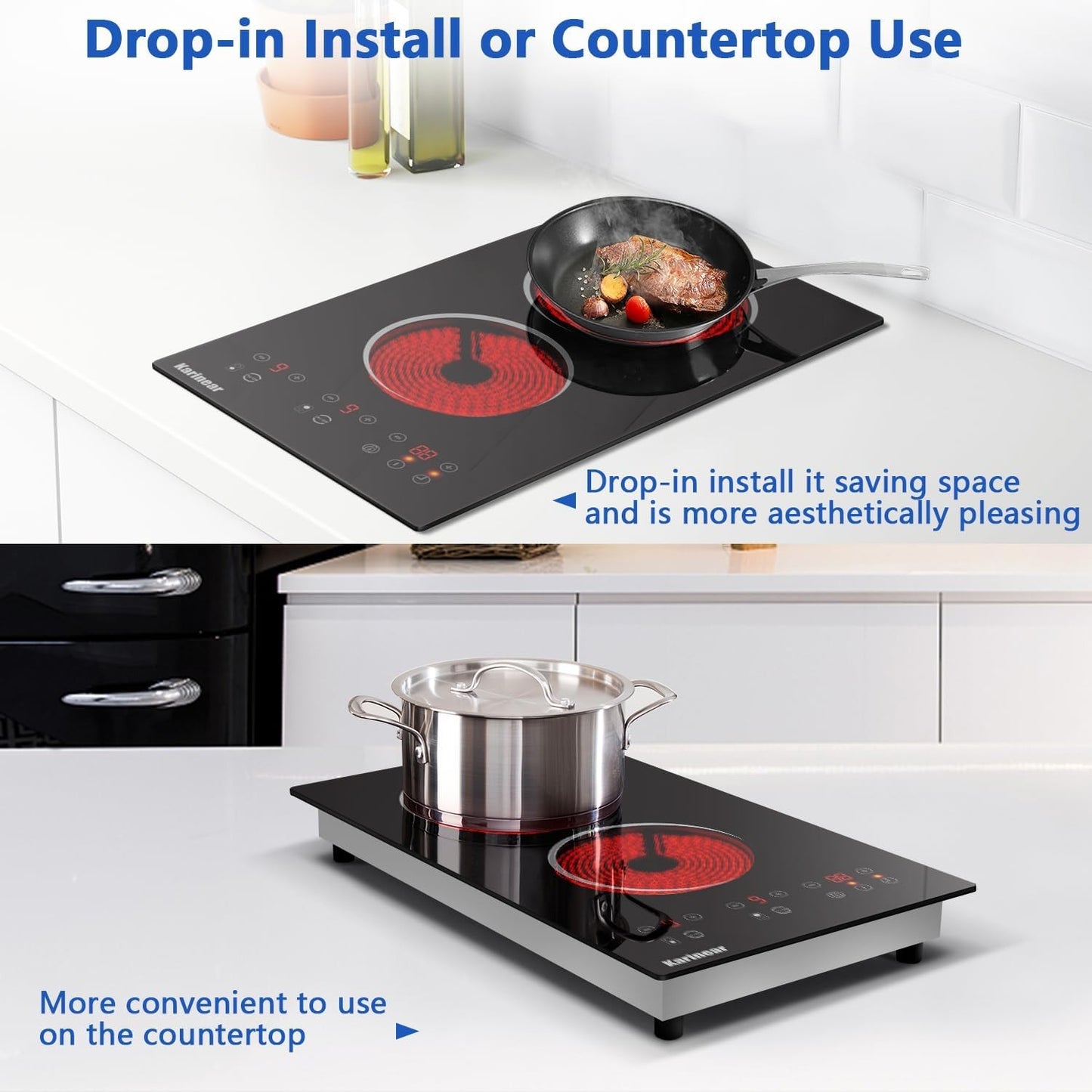 Karinear 110V Electric Cooktop 2 Burner - 12 Inch Plug in, Countertop & Built-in Ceramic Cooktop, 2000W, Residual Heat Indicator