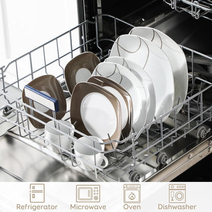 Conjunto de Louça de 30 Peças Marfim Branco Linhas Marrons Porcelana Fina Cerâmica Conjuntos Combinados de Pratos de Sobremesa/Pratos Fundos/Pratos Rasos