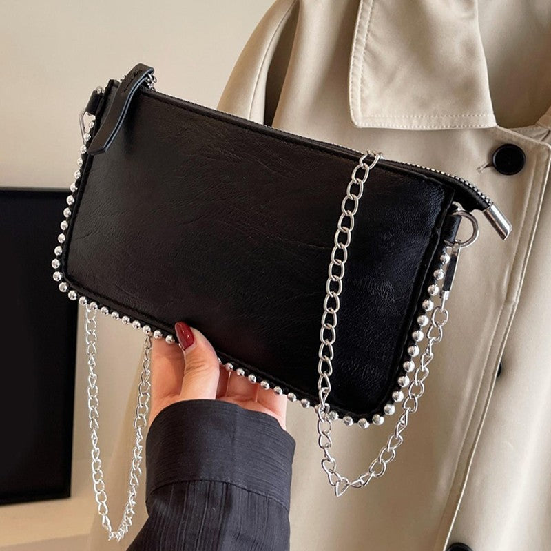 Women's retro classic bead chain design elegant and exquisite crossbody bag solid color commuting envelope bag.