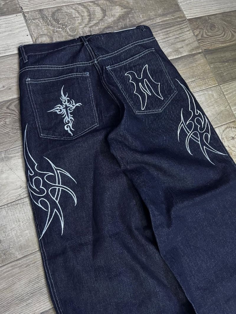 Retro Gothic Street Clothing Fashion Hip Hop American Loose Straight Wide Legs Women Line Harajuku Oversized Washed Jeans Men