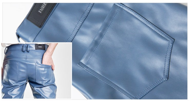 New Men Solid Color Slim Fit Faux Leather Pants Green / White / Black Homme Bar KTV High Street Biker Trousers