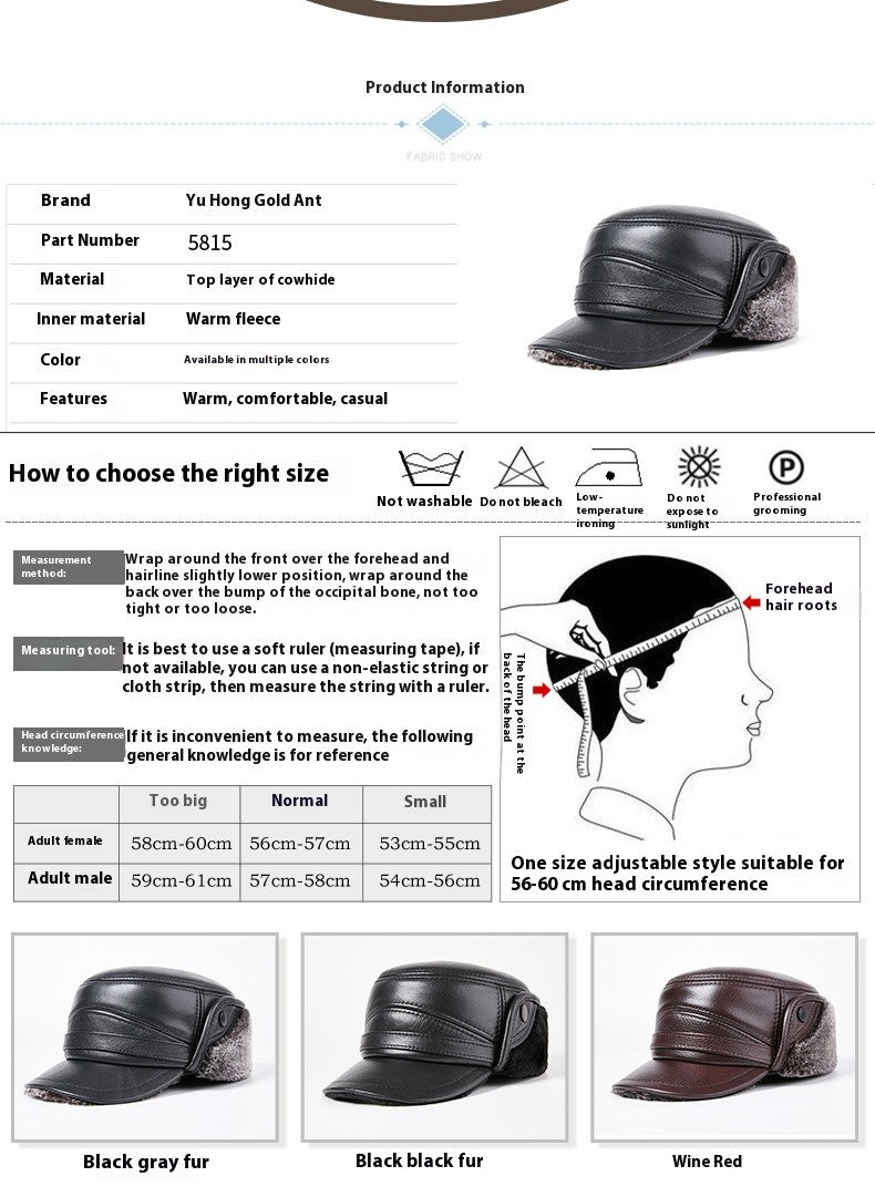Men's Genuine Leather Duckbill Hat Winter Thickened Warm Outdoor Earflap Cotton Cap Elderly Real Leather Hat Cowhide Warm