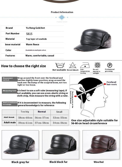 Men's Genuine Leather Duckbill Hat Winter Thickened Warm Outdoor Earflap Cotton Cap Elderly Real Leather Hat Cowhide Warm
