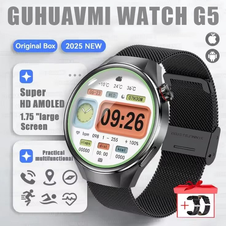 Smartwatch 2025 Original G5 Plus, Tela AMOLED HD de 1,75", Rastreamento GPS, Frequência Cardíaca, Chamada Bluetooth, Bússola para Homens