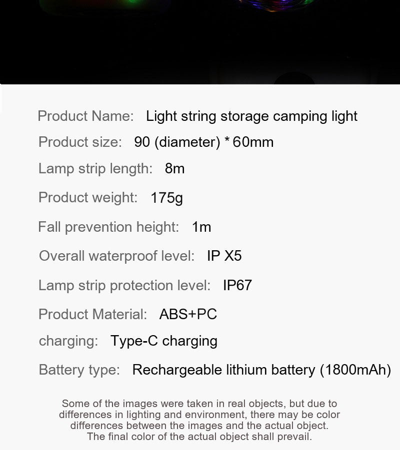 LED Light String Portable Camping Lights 1800mAh Rechargeable 8m Outdoor Atmosphere Tent Wedding Christmas Decor Strip Star Lamp