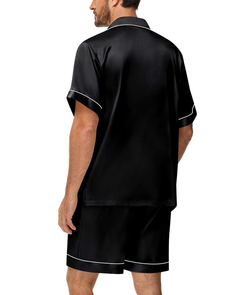 Men's Luxury Satin Pajama Set Short Sleeve Lapel Front Buttons Top And Elastic Shorts Comfortable Fit Loungewear Sleepwear Pjs