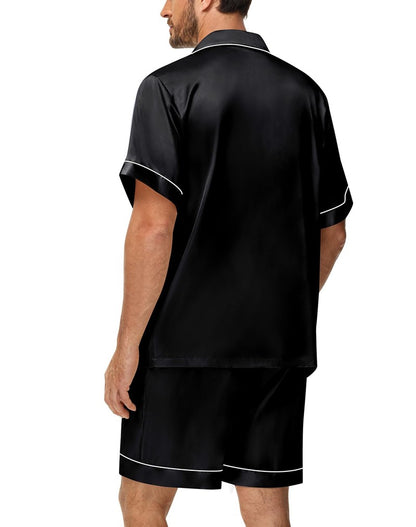Men's Luxury Satin Pajama Set Short Sleeve Lapel Front Buttons Top And Elastic Shorts Comfortable Fit Loungewear Sleepwear Pjs