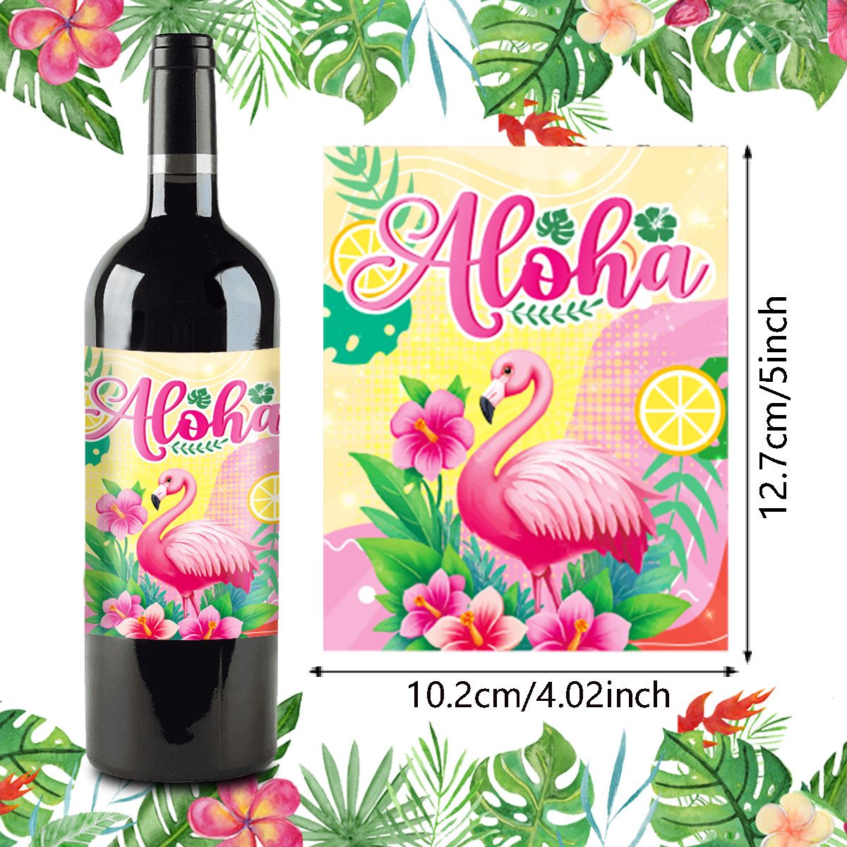 9pcs Hawaii Themed Party Wine Bottle Stickers Pink Flamingo Pineapple Stickers Summer Beach Party Supplies Decoration 4.02×5inch