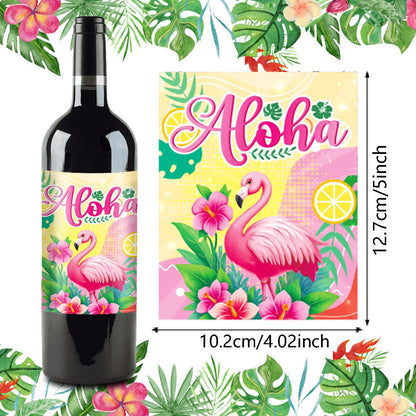 9pcs Hawaii Themed Party Wine Bottle Stickers Pink Flamingo Pineapple Stickers Summer Beach Party Supplies Decoration 4.02×5inch