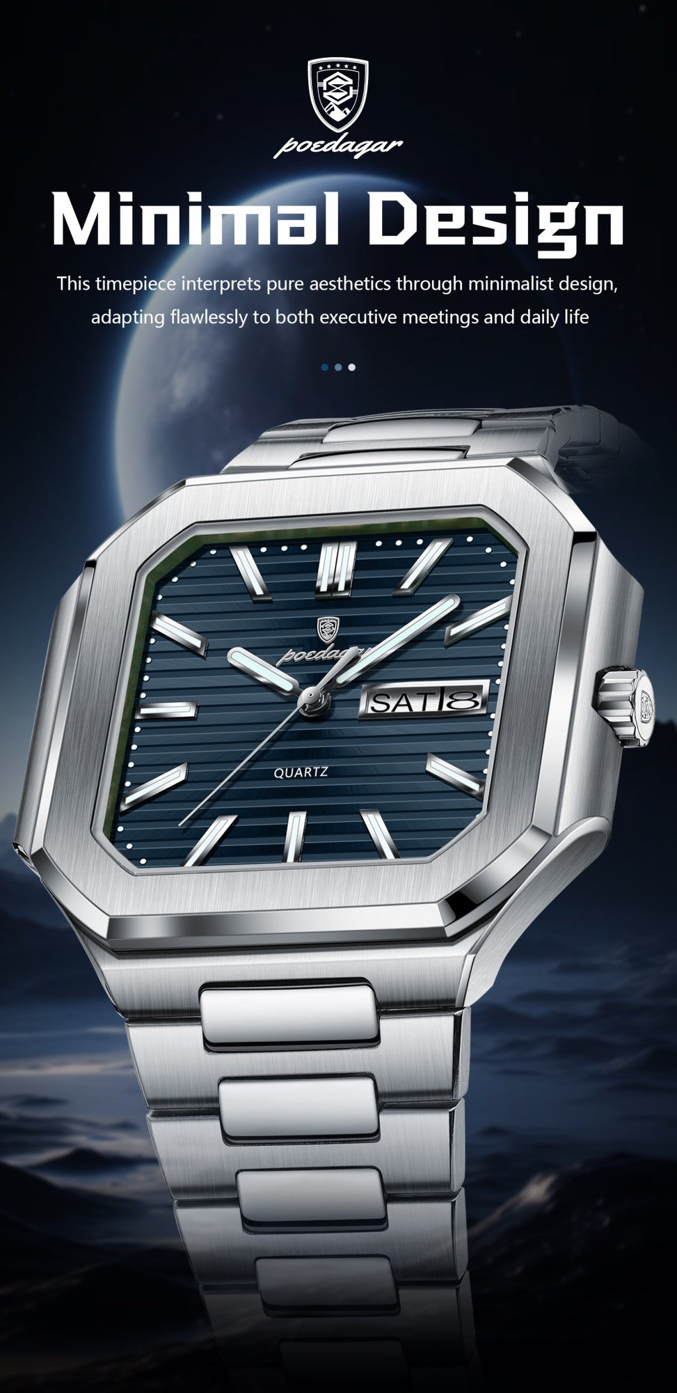 POEDAGAR Square Fashion Man Wristwatch Waterproof Luminous Date Week Quartz Men's Watches Stainless Steel Luxury Men Watch Reloj