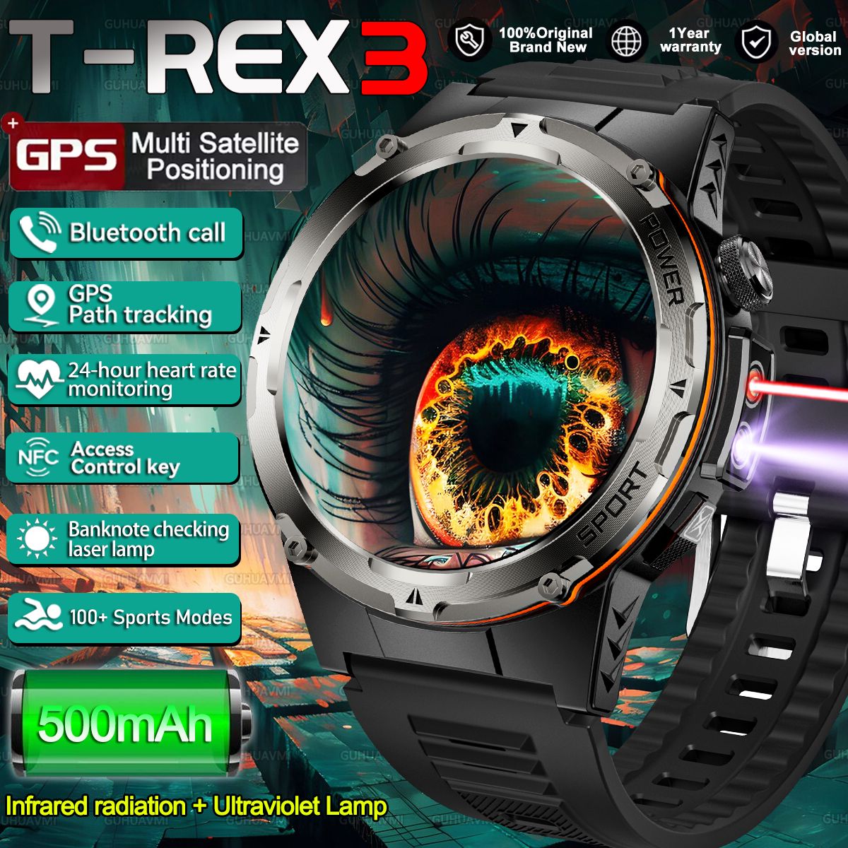2026 Popular Outdoors GPS Sports Smart Watch Masculino Tela AMOLED Bússola à Prova D'água 500mAh NFC Chamada HD Smart Watch Para Homens T-REX 3