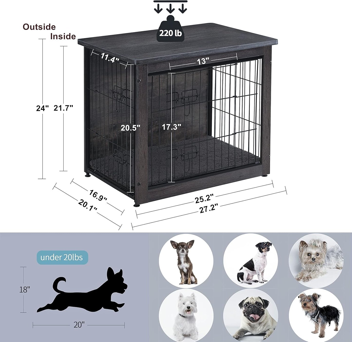 Móvel Canil para Cães com Almofada, Mesa Canil de Madeira, Portas Duplas, Casinha de Cachorro Interna, Pequeno a GG, 69,08 cm C, Cinza Escuro