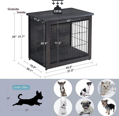 Móvel Canil para Cães com Almofada, Mesa Canil de Madeira, Portas Duplas, Casinha de Cachorro Interna, Pequeno a GG, 69,08 cm C, Cinza Escuro