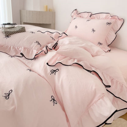 3pcs bow embroidery Bedding set ruffles Duvet Cover Set (1*Duvet Cover + 2*Pillowcase, Without Core)for bedroom guest room