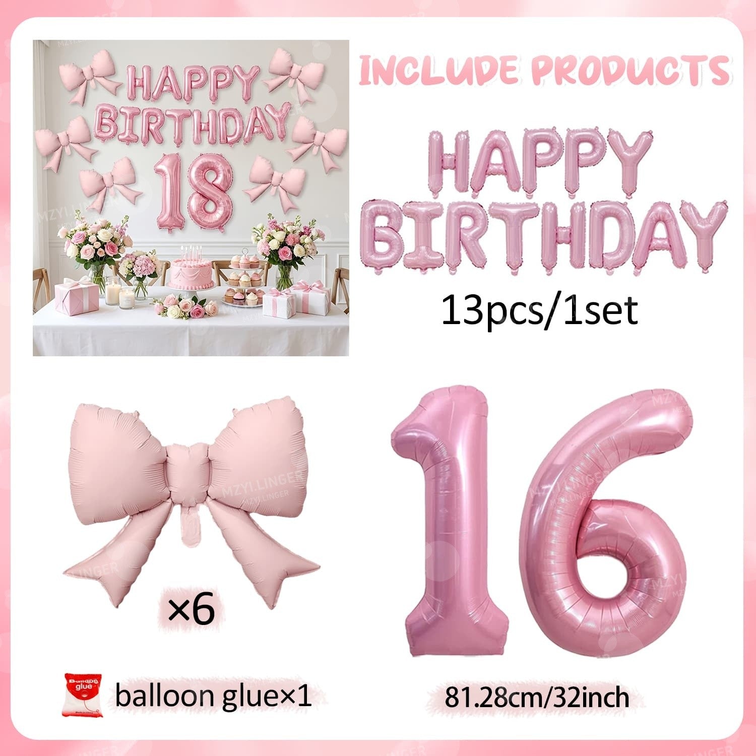 Pink Bow Birthday Balloon Happy Birthday Letter Balloon Used for Wedding, Valentine's Day, Birthday, Proposal Decoration Decor
