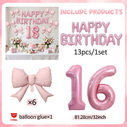 Pink Bow Birthday Balloon Happy Birthday Letter Balloon Used for Wedding, Valentine's Day, Birthday, Proposal Decoration Decor