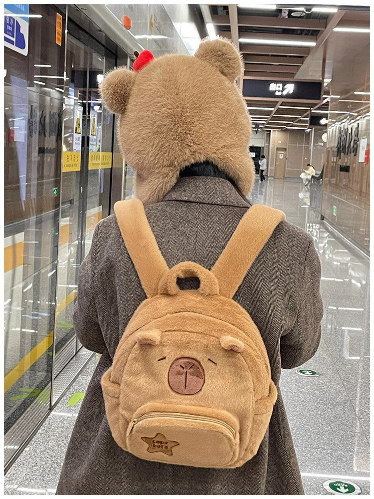Bolsa Escolar Capivara Pelúcia Mochila Capivara Bolsa de Pelo Casual Versátil Mochila Escolar de Grande Capacidade 2025