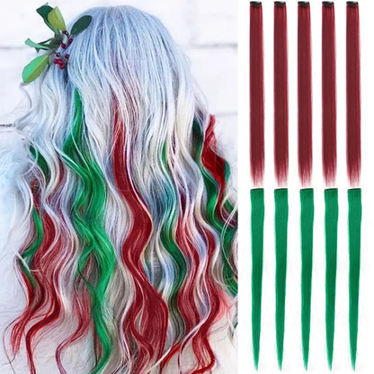 10Pcs Pink Clip in Hair Extensions Party Highlights Wig Synthetic Colored Straight Hairpiece for Girls Kids Christmas Party Use