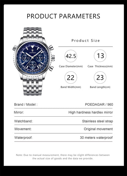 POEDAGAR Fashion Military Men's Watches Waterproof Luminous Date Chronograph Man Watch Stainless Steel Luxury Quartz Male Clock