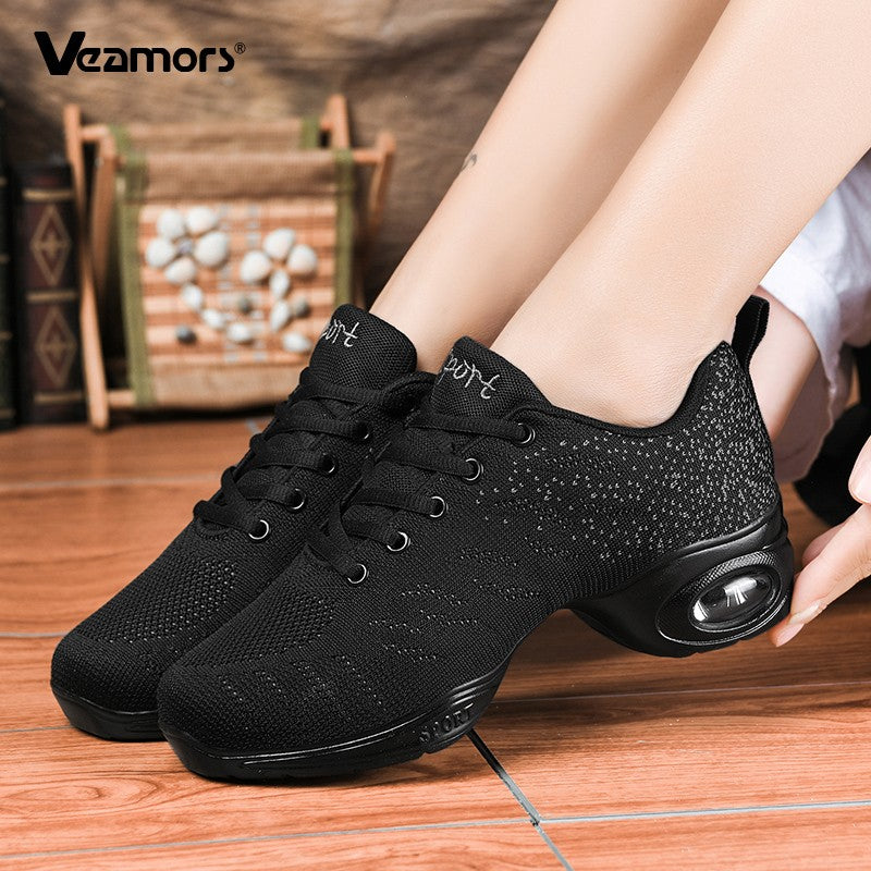 Ladies Modern Fashion Dance Shoes Breathable Mesh Jazz Dancing Shoes Ballroom Training Casual Sports Shoes Knitted Sneakers