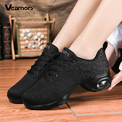 Ladies Modern Fashion Dance Shoes Breathable Mesh Jazz Dancing Shoes Ballroom Training Casual Sports Shoes Knitted Sneakers