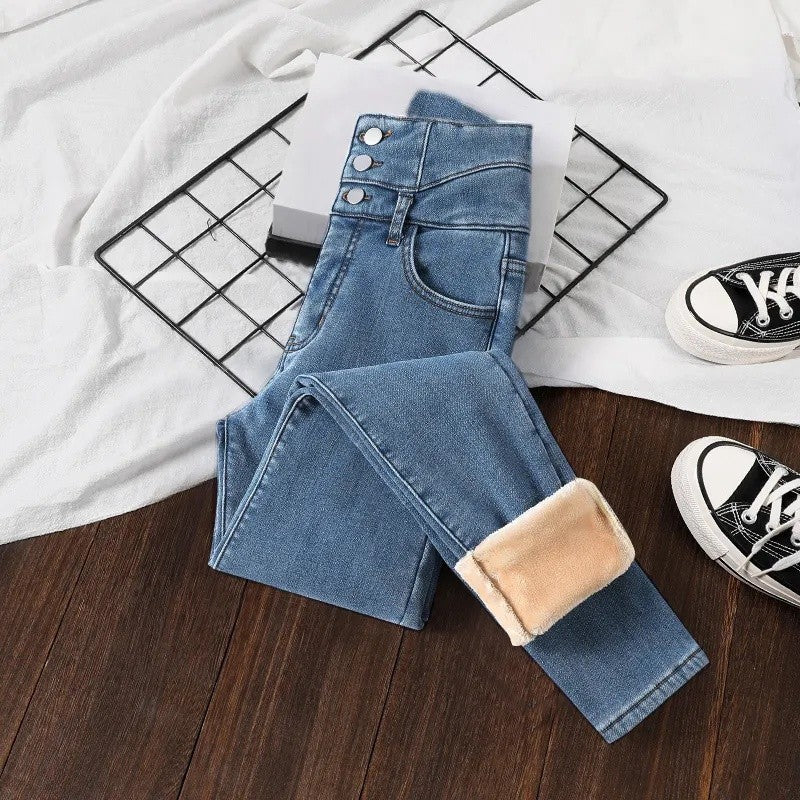 Winter Thick Velvet Women High Waist Skinny Jeans Simple Fleece Warm Slim Fit Stretch Ladies Casual Slim Denim Pencil Pants Y2K