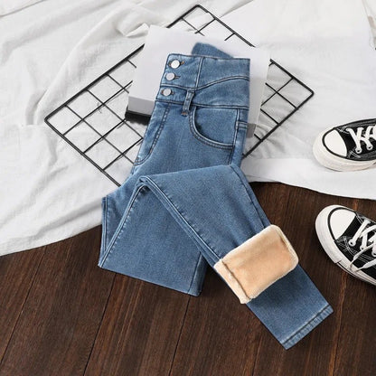 Winter Thick Velvet Women High Waist Skinny Jeans Simple Fleece Warm Slim Fit Stretch Ladies Casual Slim Denim Pencil Pants Y2K