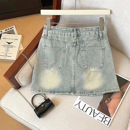Bright Line Decoration Embroidered Diamonds Denim Short Skirt Female 2025 Spring Summer New Trend Sexy Buttons A-line Skirt