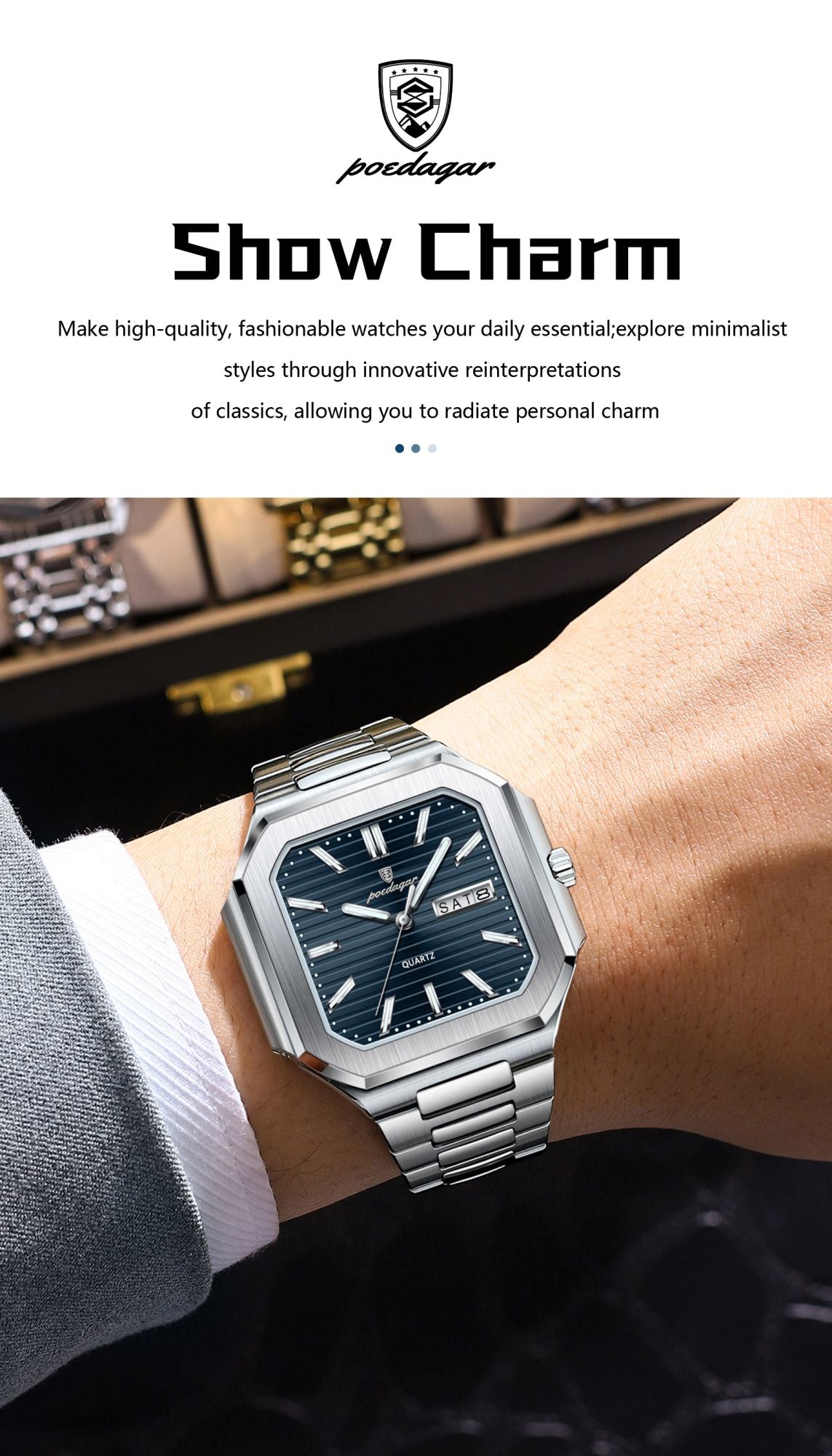 POEDAGAR Square Fashion Man Wristwatch Waterproof Luminous Date Week Quartz Men's Watches Stainless Steel Luxury Men Watch Reloj