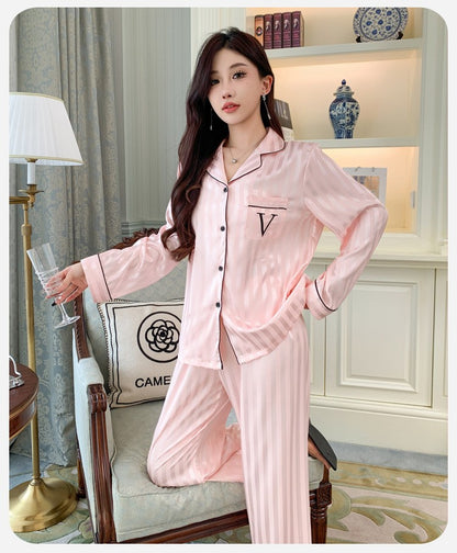 Women's Ice Silk Pajama Set Long Sleeve Long Pants Lightweight Sleepwear for Spring And Autumn Comfortable Homewear Pj Set