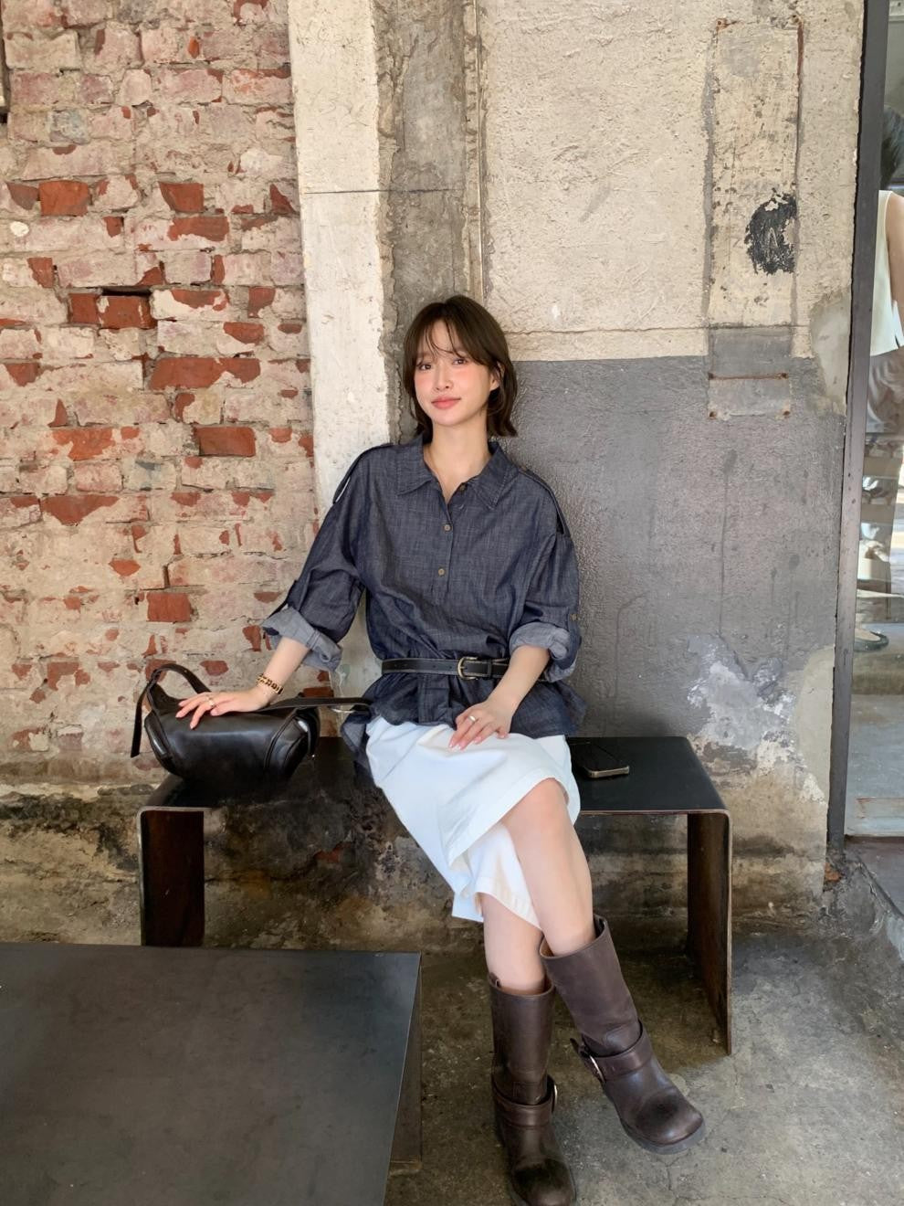 Versatile Chic Dongdaemun Denim Shirt Long Sleeve Woven Straight Cut Commute Urban Style Shirt Versatile Fashionable Shoulder...