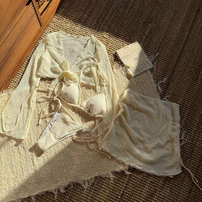 Summer Holiday 4 Piece Bikini Set 2025 Women Sexy White Long Sleeve Cover Up and Skirt Swimsuit Beach Bathing Suit Pool Swimwear